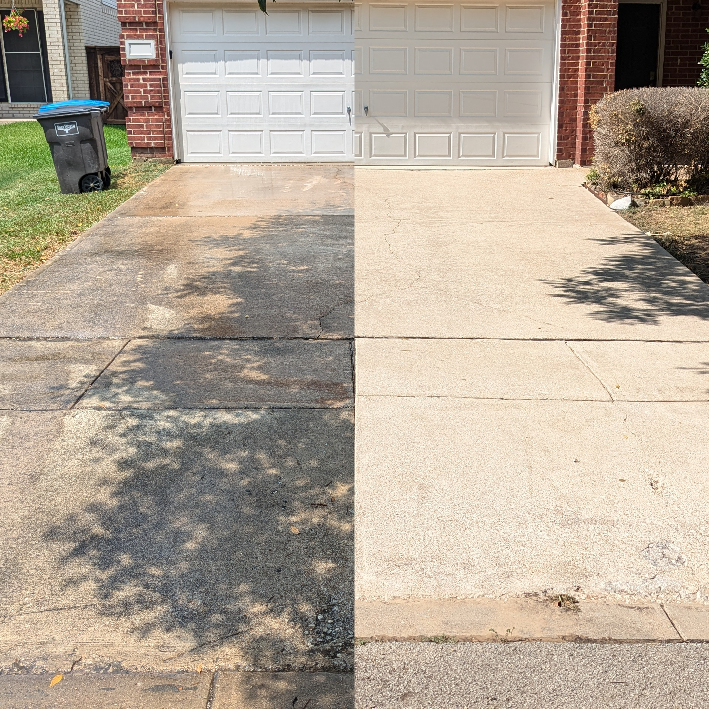 Before and after pressure washing driveway restoration showing clean concrete surface